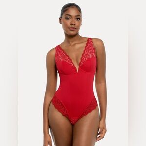 Popilush Shapewear Deep V-Neck Sculpting Lace Inset Bodysuit - Red (S)